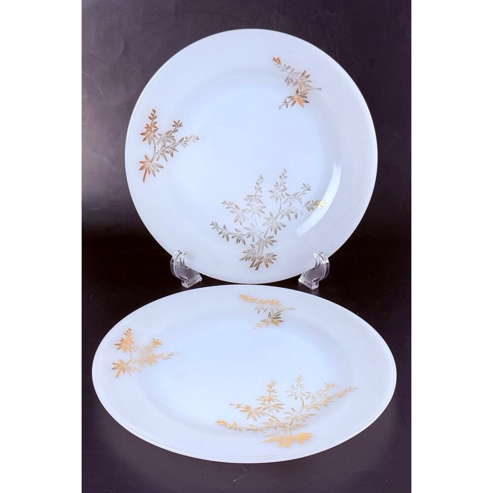 Federal Glass Golden Glory Dinner Plates 9” Opal Milk Glass Set of 2 Vintage
